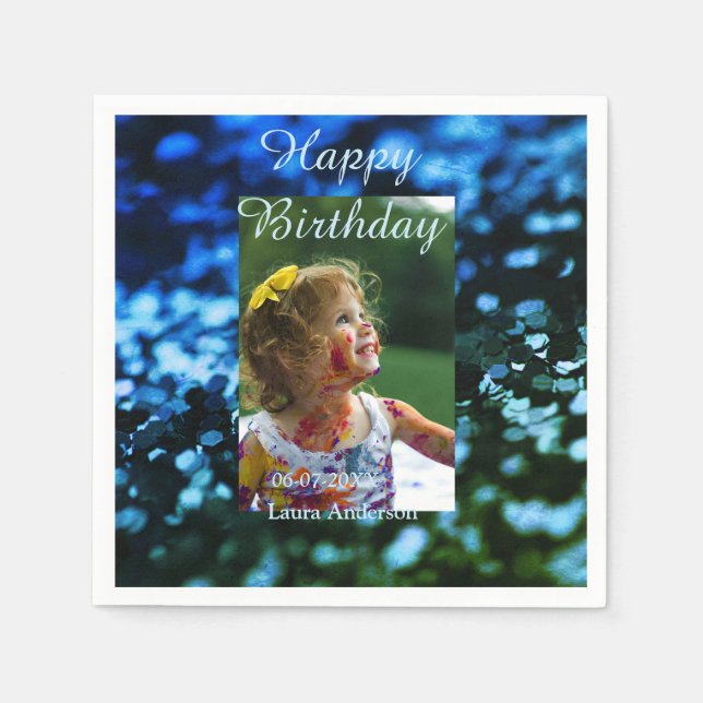 Blått grönt glitter fotot barns födelsedag moderna pappersservett (Framsidan)