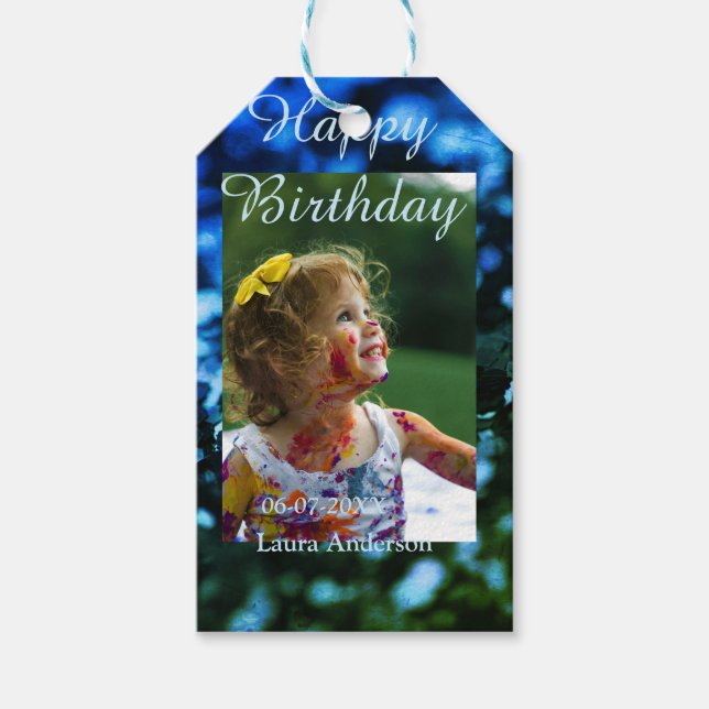 Blått grönt glitter fotot barns födelsedag moderna presentetikett (Framsidan)