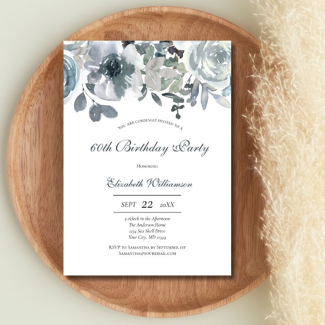 Blått Grönt Grått Blommigt Vattenfärgsfödelsedag f Inbjudningar (Blue Green Gray Watercolor Floral Birthday invitation for her. Printed or Digital Instant download)