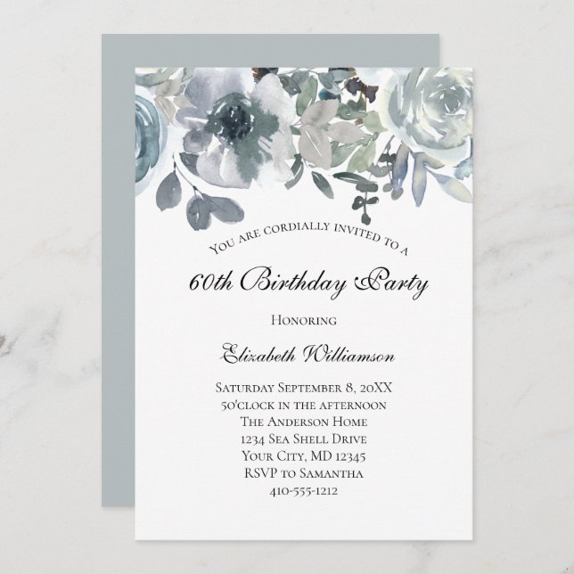 Blått Grönt Grått Blommigt Vattenfärgsfödelsedag f Inbjudningar (Fram/baksida)