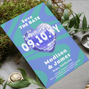 Blått Grönt Groovy Trendig Modern Disco Heart Phot Spara Datumet