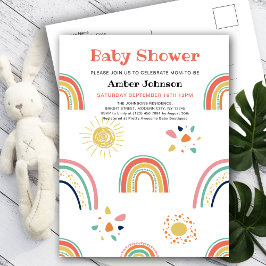 Blått Grönt Gult Regnbåge Cute Girl Baby Shower Inbjudan Vykort
