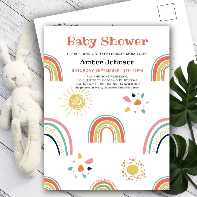 Blått Grönt Gult Regnbåge Cute Girl Baby Shower Inbjudan Vykort (Skapare uppladdad)