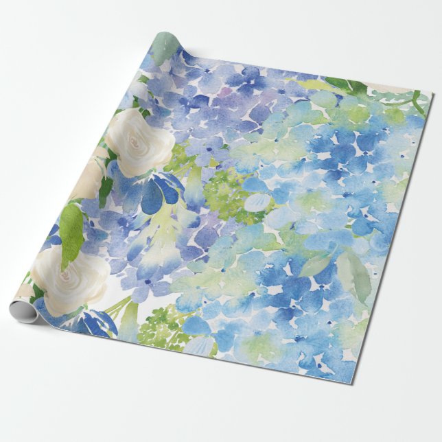 Blått Grönt Hydrangea Blommor Papper Presentpapper (Utrullad)