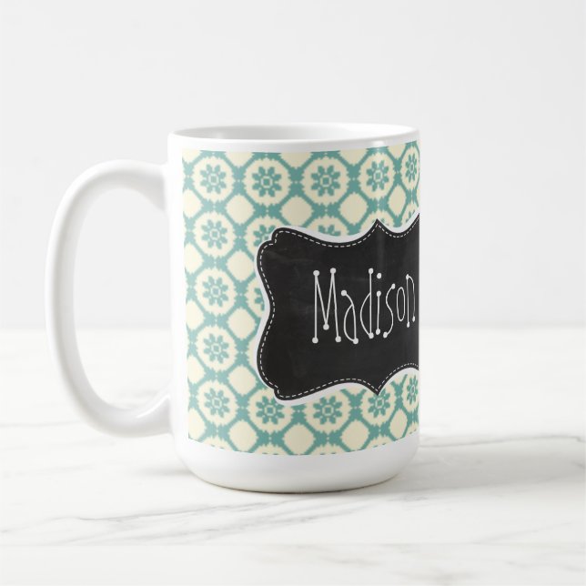 Blått-Grönt & krämblommigt; Svart tavla för Kaffemugg (Vänster)