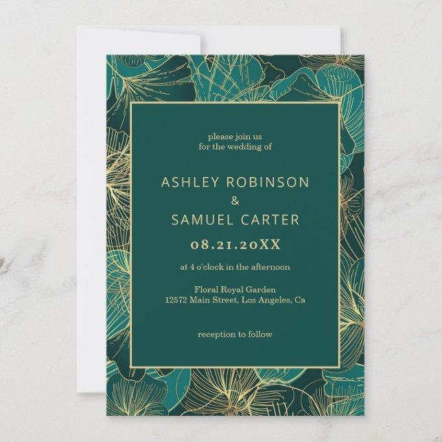 Blått Grönt Lämnar med Guld bröllopsinbjudan Inbjudningar (Framsida)