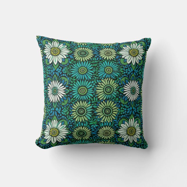 Blått, Grönt och vitt Blommönster Kudde (Framsida)