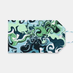Blått, Grönt och vitt snurrande Abstrakt Fluid Art Presentetikett