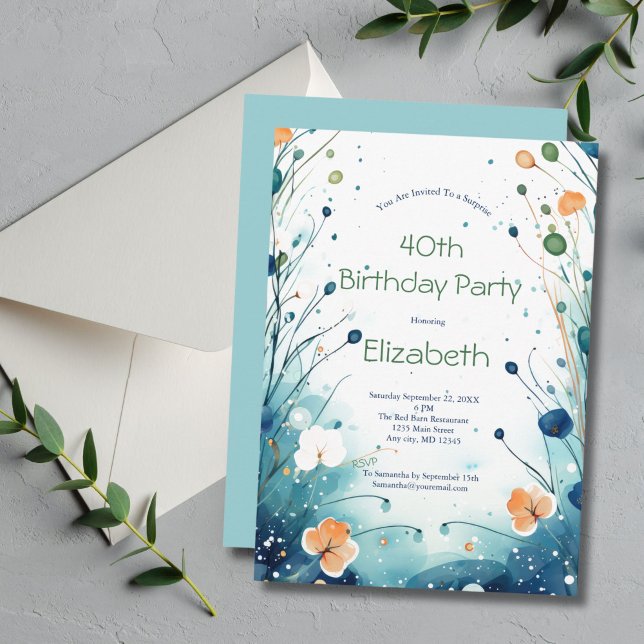 Blått Grönt Orange Blommigt Vattenfärg 40:e födels Inbjudningar (Blue Green Orange Watercolor Floral Birthday invitation for her. Editable for any year)