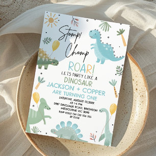 Blått Grönt Stomp Chomp Twillingar Dinosaur 1:a fö Inbjudningar