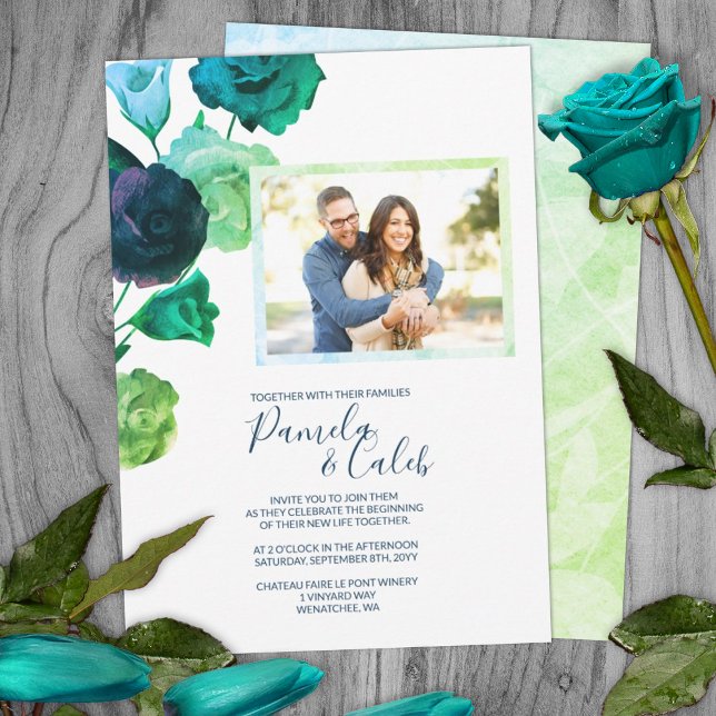 Blått, Grönt, turkos Botaniska Ro Bröllop Inbjudningar (spring springtime wedding bright green teal green roses botanical garden wedding invitations)