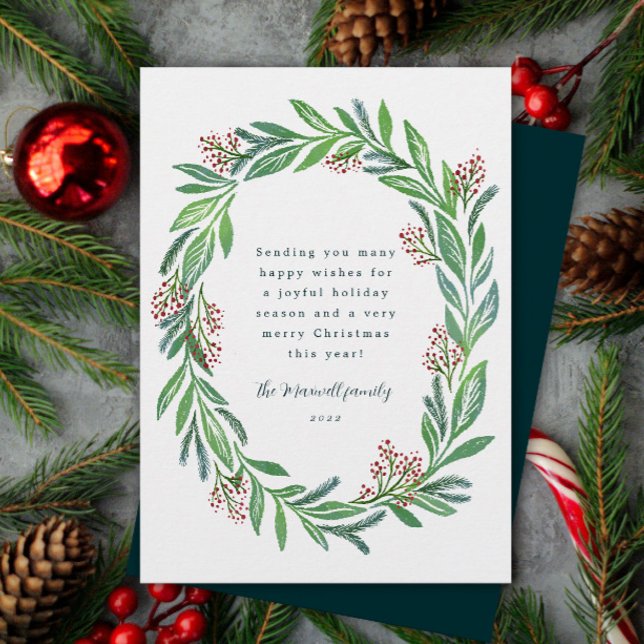 Blått Grönt Utandning av Blommigt Illustrerad andn Julkort (elegant illustrated Christmas pine and holly berry wreath with personalized text and photo card)