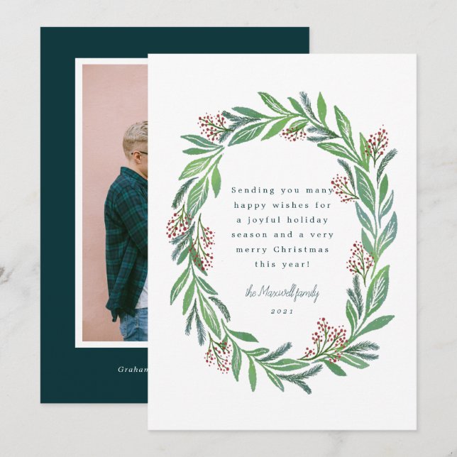 Blått Grönt Utandning av illustrerad Blommigt Foto Inbjudningar (Fram/baksida)