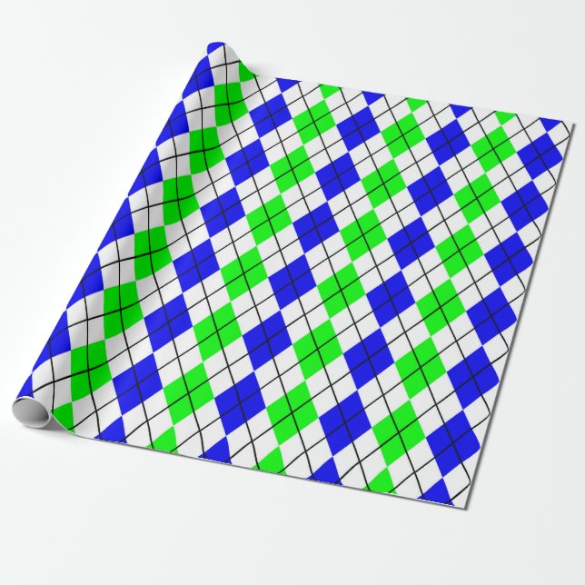 Blått Grönt, vit Argyllene romb Presentpapper (Utrullad)