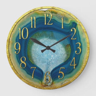 Blått- & gröntagaten Geode med kristallguld Stor Klocka