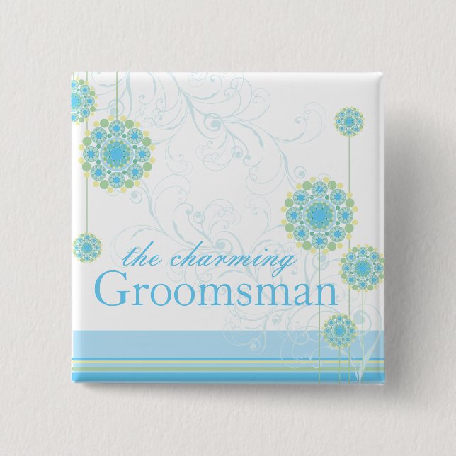 Blått Groomsman-knapp för snö-blommor, Anpassnings Knapp (Framsida)