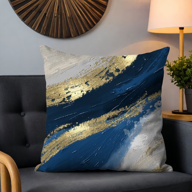 Blått Guld Abstrakt Brushstrokes Chic Modern Kudde (Skapare uppladdad)
