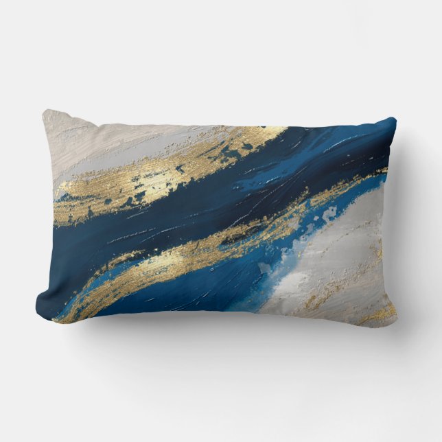 Blått Guld Abstrakt Brushstrokes Chic Modern Lumbarkudde (Framsida)