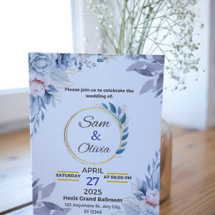 Blått Guld Aesthetic Watercolor Flower Bröllop Inbjudningar