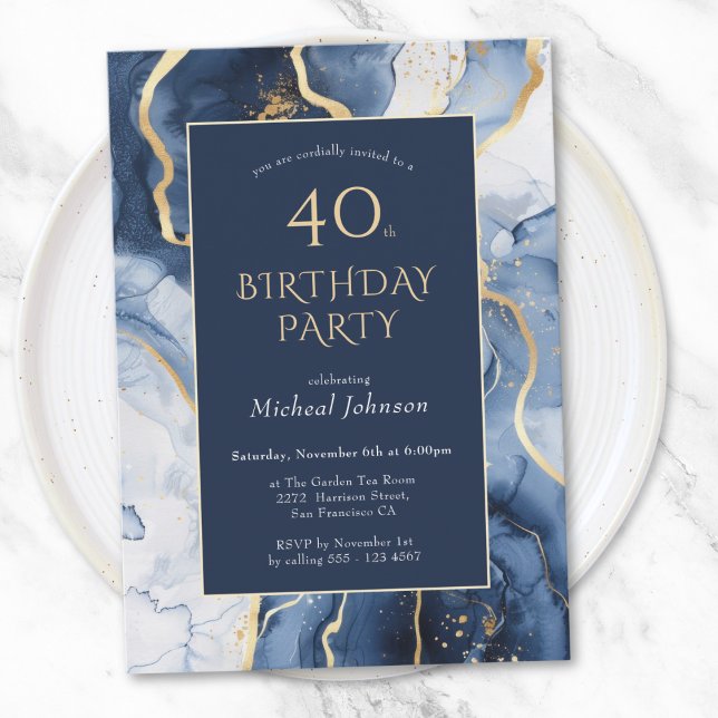 Blått Guld Agate 40:e födelsedagsinbjudan Inbjudningar (Blue Gold Agate 40th Birthday Invitation)