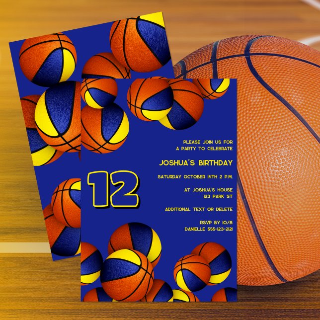 Blått guld-basketbollar barn sportfödelsedag inbjudningar (front and back)