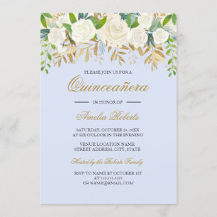 Blått Guld Blommigt Löv Watercolor Quinceanera Inbjudningar