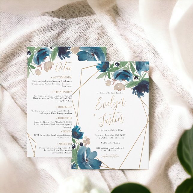 Blått guld-Blommigt vattenfärg Alla i ett Bröllop Inbjudningar (Elegant dusty blue gold Floral Watercolor Wedding Invitation)