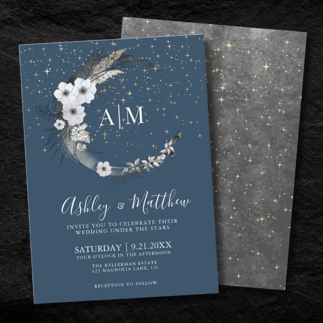 Blått Guld Celestial Bröllop Inbjudningar (Blue Gold Moon Celestial Wedding Invitation)