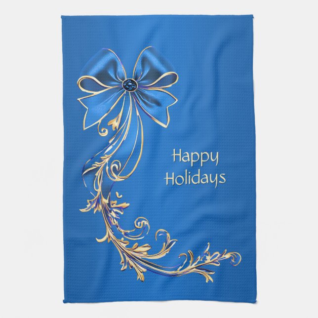 Blått Guld Flower Helgdag Kitchen Towel Kökshandduk (Vertikal)