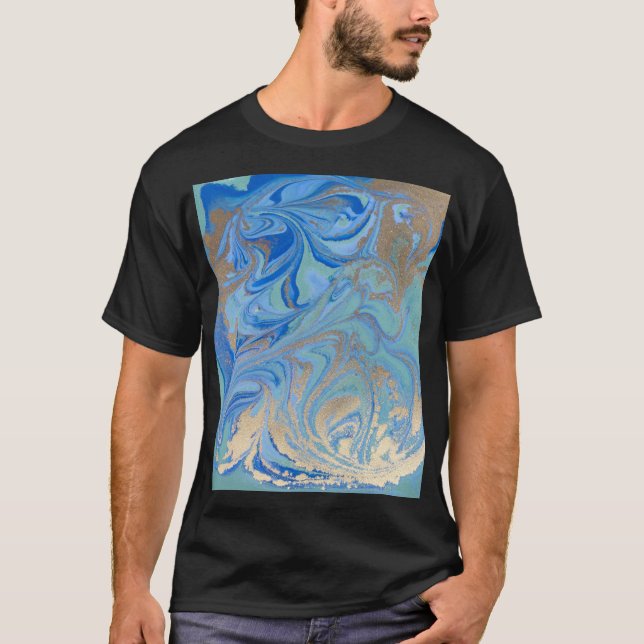 Blått Guld flytande vattenfärg Struktur T Shirt (Framsida)