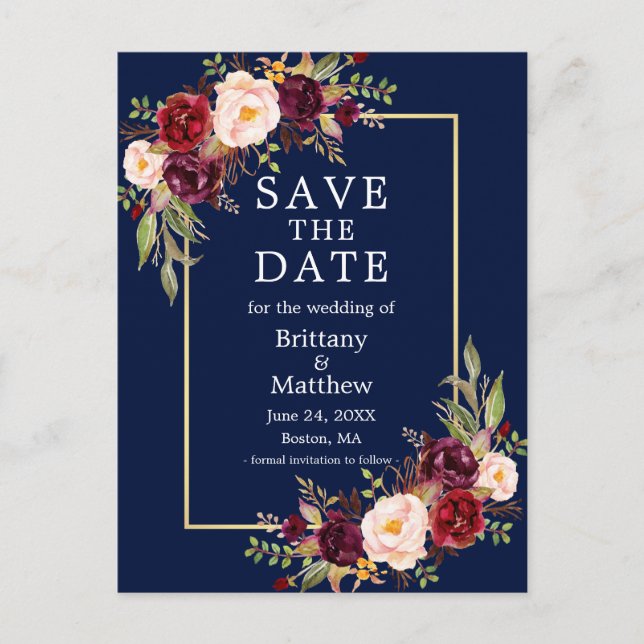 Blått Guld för vattenfärgen Burgundy Ro Spara datu Vykort (Framsida)