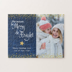 Blått Guld-fotodagar - merry Bright Script Helgdag Pussel