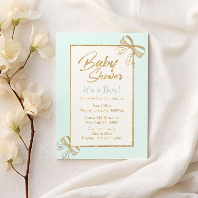 blått guld glitter bog Boy Shower Inbjudningar (Blush blue gold glitter bow Boy Baby Shower)