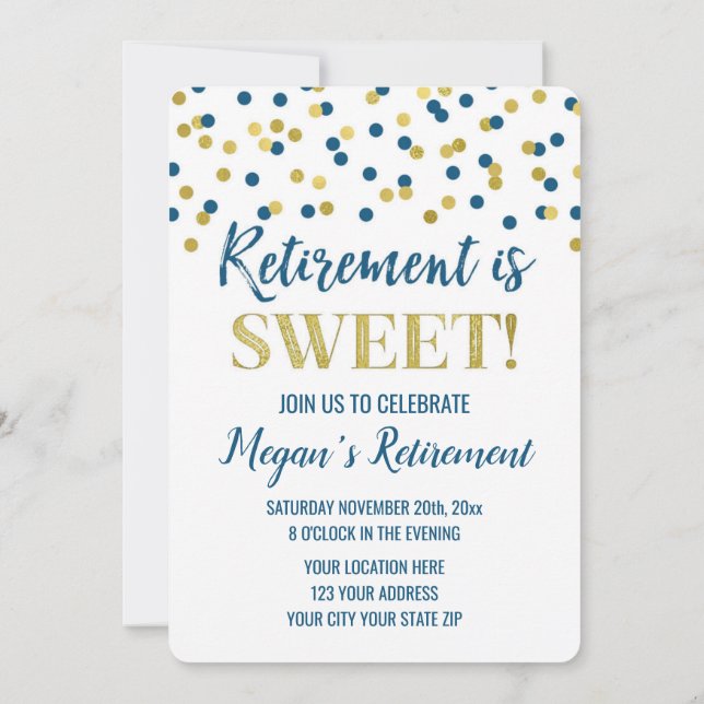 Blått Guld Glitter-konfetti Pension Party Inbjudningar (Baksida)