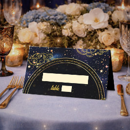 Blått guld himmelsastronomi stjärnor bröllop placeringskort