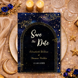 Blått guld himmelsastronomi stjärnor bröllop spara datumet