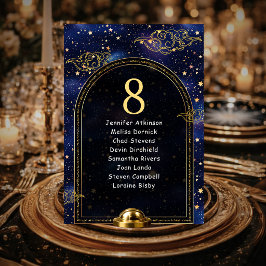 Blått guld himmelska stjärnor bröllopsplatser bordsnummer