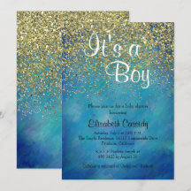 Blått & guld- inbjudan för glitterstänkbaby shower