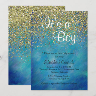 Blått & guld- inbjudan för glitterstänkbaby shower