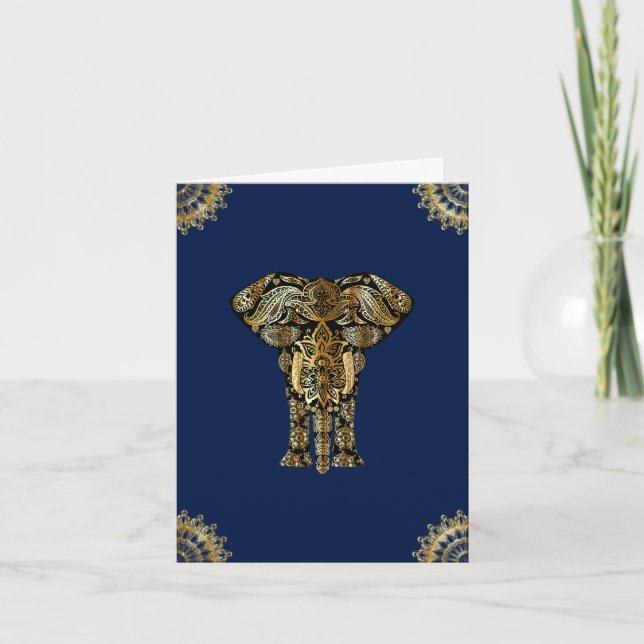 Blått Guld Indisk Elefant Anteckningskort (Framsida)