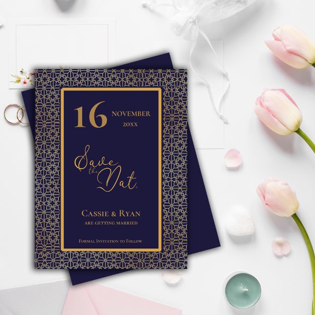 Blått Guld intricate Design Bröllop spara datum Inbjudan Vykort (Blue Gold Intricate Design Wedding Save the Date Invitation Postcard)