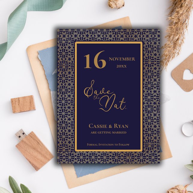 Blått Guld intricate Design Bröllop spara datum Vykort (Blue Gold Intricate Design Wedding Save the Date Postcard)