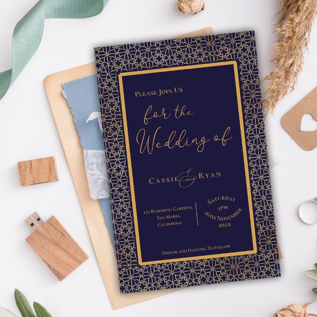 Blått Guld  Invitation med invecklad design för br (Blue Gold Intricate Design Wedding Invitation)