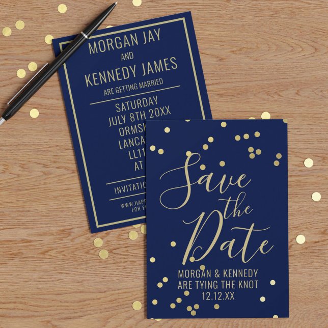 Blått Guld-konfetti - platta spara datumkortet Datumet (Add your wedding details to this Navy Blue and Gold Confetti Save the Date Card)
