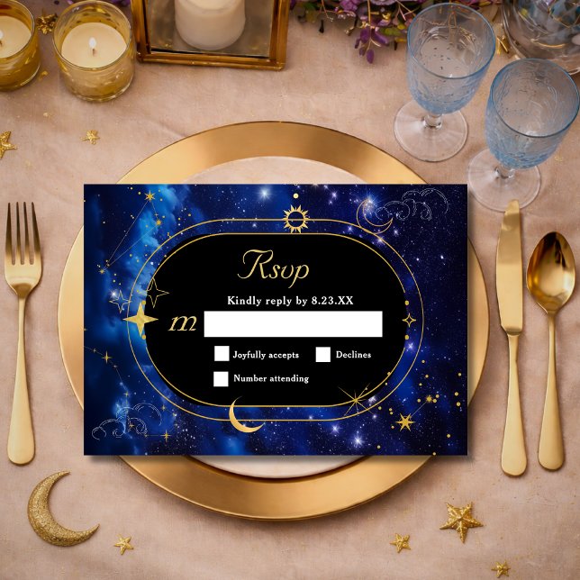 Blått guld måne mystisk himmels astronomi bröllop OSA kort (Skapare uppladdad)