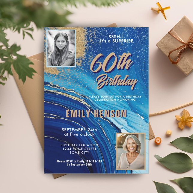 Blått Guld Marble Glitter 2 Foto 60 födelsedagar Inbjudningar (Skapare uppladdad)