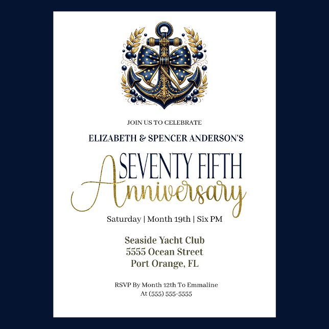 Blått Guld Marin Ankar 75-års Högtid för Bröllopsd Inbjudningar (Navy and gold nautical anchor 75th wedding invitation for girl seaside yacht club theme
)