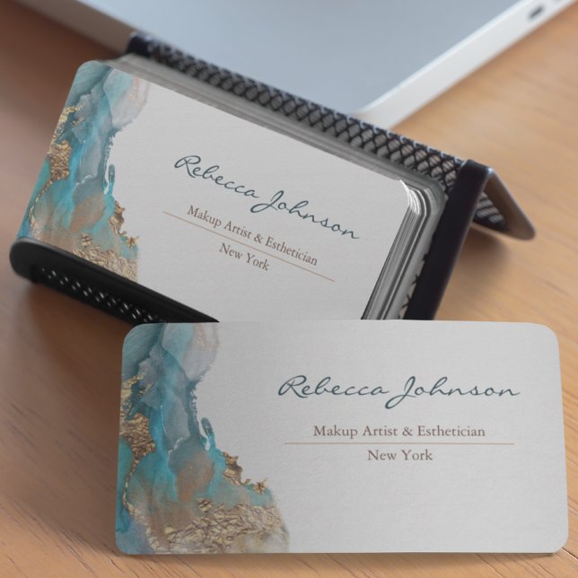 Blått Guld Modern Abstrakt vattenfärg Visitkort (Elegant business cards designed for you)
