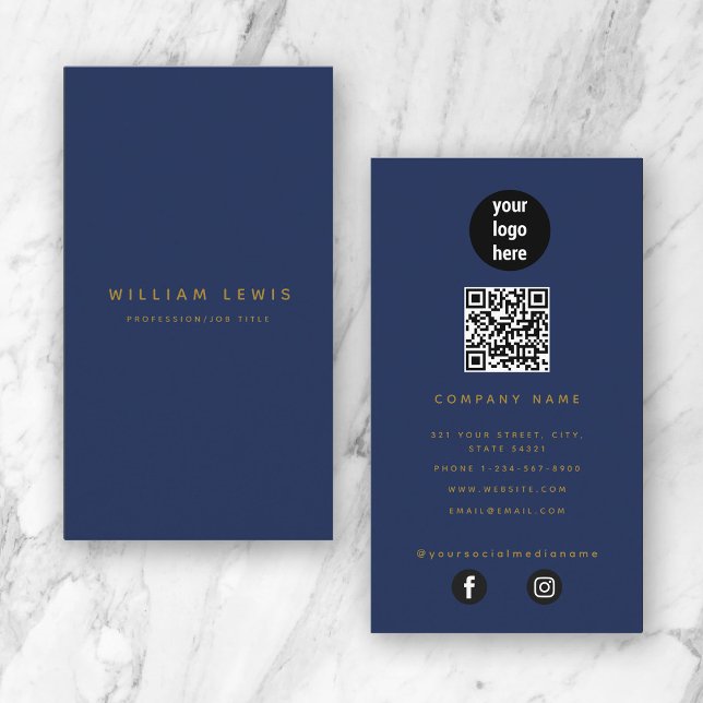 Blått Guld Modern Minimalist QR Code Social Media Visitkort (Blue Gold Modern Minimalist QR Code Social Media Business Card)