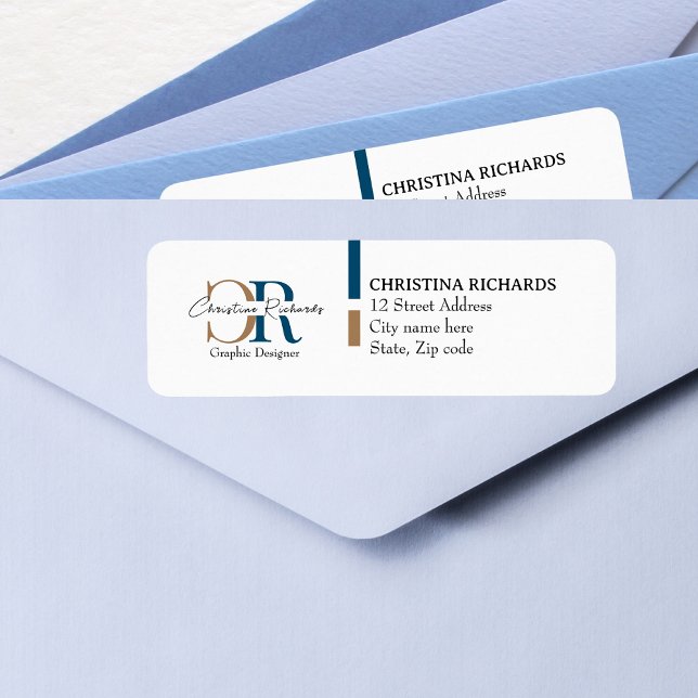 Blått Guld Monogram - enkel modern Returadress Etikett (Skapare uppladdad)